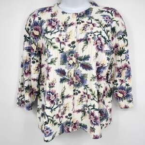 Katelyn Rose Women's Medium Floral Button Front Cardigan Top Ivory Purple Green